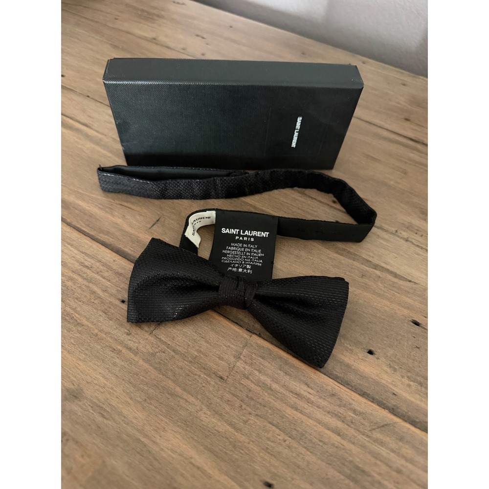 YSL Saint Laurent Paris Black Textured Silk Bow Tie Made in Italy Formal